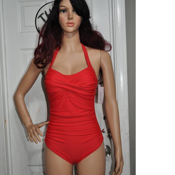 Women One Piece Swimsuit Pleated Tummy Control Swimwear Halter Bathing Suit Red - Picture 4 of 8